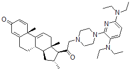 CAS 登录号：111640-85-8， (8S,10S,13S,14S,16R,17S)-17-[2-[4-[3,6-二(二乙基氨基)吡啶-2-基]哌嗪-1-基]乙酰基]-10,13,16-三甲基-6,7,8,12,14,15,16,17-八氢环戊烯并[a]菲-3-酮