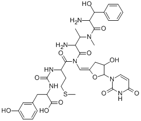 CAS 登录号：114797-04-5， 2-[[1-[[3-[[2-氨基-3-(3-羟基苯基)丙酰]-甲基氨基]-1-[[(Z)-[(4R,5R)-5-(2,4-二氧代嘧啶-1-基)-4-羟基四氢呋喃-2-亚基]甲基]氨基]-1-氧代丁烷-2-基]氨基]-4-甲硫基-1-氧代丁烷-2-基]氨基甲酰氨基]-3-(3-羟基苯基)丙酸