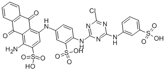 CAS 登录号：12236-82-7， 1-氨基-4-[[4-[[4-氯-6-[[3(Or4)-磺基苯基]氨基]-1,3,5-三嗪-2-基]氨基]-3-磺基苯基]氨基]-9,10-二氢-9,10-二氧代-2-蒽磺酸