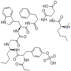 CAS 登录号：131167-65-2， (3S)-4-[[(2S)-1-[[(2S)-3-(1H-吲哚-3-基)-2-[[2-氧代-3-[[(1S)-1-[[(2S)-2-(丙酰氨基)-3-(4-磺基氧基苯基)丙酰]氨基]戊基]氨基]丙酰]氨基]丙酰]氨基]-1-氧代-3-苯基丙烷-2-基]氨基]-3-[[(2S)-2-甲基氨基己烷酰基]氨基]-4-氧代丁酸