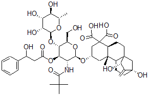 CAS#: 131862-38-9, (2beta,15alpha)-2-((2-Deoxy-4-O-(6-Deoxy-alpha-L-Mannopyranosyl)-3-O-(3-Hydroxy-1-Oxo-3-Phenylpropyl)-2-((3-Methyl-1-Oxobutyl)Amino)-beta-D-Glucopyranosyl)Oxy)-13,15-Dihydroxykaur-16-Ene-18,19-Dioic Acid