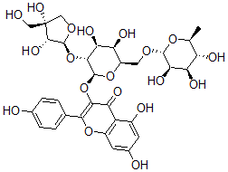 CAS 登录号：132185-73-0， 3-[(2S,3R,4S,5R,6R)-3-[(2S,3R,4R)-3,4-二羟基-4-(羟基甲基)四氢呋喃-2-基]氧基-4,5-二羟基-6-[[(2R,3R,4R,5R,6S)-3,4,5-三羟基-6-甲基四氢吡喃-2-基]氧基甲基]四氢吡喃-2-基]氧基-5,7-二羟基-2-(4-羟基苯基)苯并吡喃-4-酮