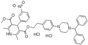 CAS 登录号：133743-71-2， O3-[2-[4-(4-二苯甲基哌嗪-1-基)苯基]乙基]O5-甲基2,6-二甲基-4-(3-硝基苯基)-1,4-二氢吡啶-3,5-二羧酸酯二盐酸盐