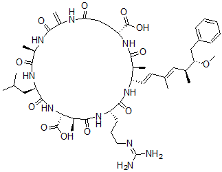 CAS 登录号：134842-07-2， (5R,8R,11R,12S,15S,18S,19S,22R)-15-[3-(二氨基亚甲基氨基)丙基]-18-[(1E,3E,5S,6S)-6-甲氧基-3,5-二甲基-7-苯基庚-1,3-二烯基]-5,12,19-三甲基-2-亚甲基-8-(2-甲基丙基)-3,6,9,13,16,20,25-七氧代-1,4,7,10,14,17,21-七氮杂环二十五烷-11,22-二甲酸