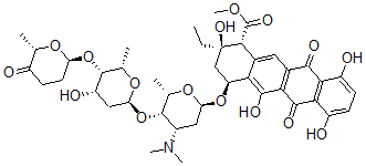 CAS 登录号：134910-04-6， (1R,2R,4S)-4-[(2R,4S,5S,6S)-4-二甲基氨基-5-[(2S,4S,5S,6S)-4-羟基-6-甲基-5-[(2R,6S)-6-甲基-5-氧代四氢吡喃-2-基]氧基四氢吡喃-2-基]氧基-6-甲基四氢吡喃-2-基]氧基-2-乙基-2,5,7,10-四羟基-6,11-二氧代-3,4-二氢-1H-并四苯-1-羧酸甲酯