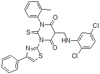 CAS 登录号：139356-80-2， 5-[[(2,5-二氯苯基)氨基]甲基]-1-(2-甲基苯基)-3-(4-苯基-1,3-噻唑-2-基)-2-硫代-1,3-二嗪农-4,6-二酮