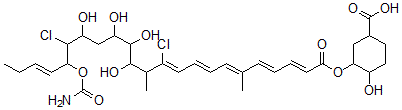 CAS#: 142386-37-6, 3-[(2E,4E,6E,8E,10Z,20E)-19-Carbamoyloxy-11,18-Dichloro-13,14,15,17-Tetrahydroxy-6,12-Dimethyltricosa-2,4,6,8,10,20-Hexaenoyl]Oxy-4-Hydroxycyclohexane-1-Carboxylic Acid