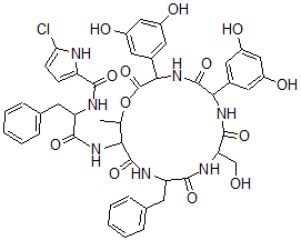 CAS 登录号：146874-41-1， N-[1-[[3,6-二(3,5-二羟基苯基)-9-(羟基甲基)-16-甲基-2,5,8,11,14-五氧代-12-(苯基甲基)-1-氧杂-4,7,10,13-四氮杂环十六烷-15-基]氨基]-1-氧代-3-苯基丙烷-2-基]-5-氯-1H-吡咯-2-甲酰胺