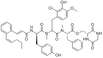 CAS 登录号：147317-36-0， [(2R)-3,6-二氧代哌嗪-2-基]甲基(2R,4R)-2-[[(2S)-3-(2-氯-3-羟基-4-甲氧基苯基)-2-甲基氨基丙烷酰基]-甲基氨基]-5-(4-羟基苯基)-3-氧代-4-[[(E)-3-[2-[(E)-戊-2-烯基]苯基]丙-2-烯酰基]氨基]-2-(苯基甲基)戊酸酯