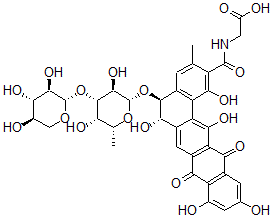 CAS 登录号：150693-43-9， (5S-反式)-N-[[5-[(6-脱氧-3-O-b-D-吡喃木糖基-b-D-吡喃半乳糖基)氧基]-5,6,8,13-四氢-1,6,9,11,14-五羟基-3-甲基-8,13-二氧代苯并[a]丁省-2-基]羰基]-甘氨酸