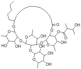 CAS 登录号：151864-96-9， 11-((O-6-脱氧-3-O-(3-羟基-2-甲基-1-氧代丁基)-beta-D-吡喃葡萄糖基-(1-3)-O-(6-脱氧-alpha-L-甘露糖基-(1-2))-O-6-脱氧-beta-D-吡喃葡萄糖基-(1-2)-6-脱氧-beta-D-吡喃葡萄糖基)氧基)-十六烷酸分子内 1,2'''-酯