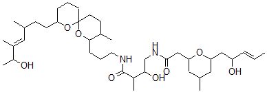 CAS 登录号：155660-91-6， 3-羟基-N-[3-[8-[(E)-6-羟基-3,5-二甲基庚-4-烯基]-3-甲基-1,7-二氧杂螺[5.5]十一烷-2-基]丙基]-4-[[2-[6-[(E)-2-羟基戊-3-烯基]-4-甲基四氢吡喃-2-基]乙酰基]氨基]-2-甲基丁酰胺