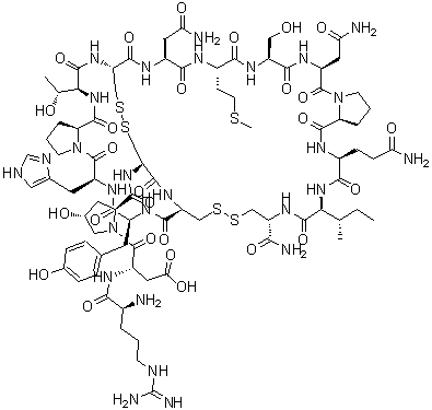 CAS 登录号：170663-33-9， L-精氨酰-L-alpha-天冬氨酰-(4R)-N-{(1R,6R,9S,12S,15S,21S,24S,27S,30S,33R,36S,39S,45S,48S,53R)-21,30-二(2-氨基-2-氧代乙基)-12-(3-氨基-3-氧代丙基)-9-仲丁基-6-氨基甲酰-48-(4-羟基苄基)-36-[(1R)-1-羟基乙基]-24-(羟基甲基)-45-(1H-咪唑-4-基甲基)-27-[2-(甲硫基)乙基]-8,11,14,20,23,26,29,32,35,38,44,47,50,52-十四氧代-3,4,55,56-四硫杂-7,10,13,19,22,25,28,31,34,37,43,46,49,51-十四氮杂四环[31.17.7.0<sup>15,19</sup>.0<sup>39,43</sup>]七十七碳-53-基}-4-羟基-L-脯氨酰胺