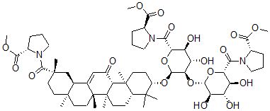 CAS#: 171259-64-6, 1-((3-beta,20-beta)-3-(((S)-6-deoxy-2-O-((S)-6-deoxy-6-(2-(methoxycarbonyl)-1-pyrrolidinyl)-6-oxo-beta-D-glucopyranosyl)-6-(2-(methoxycarbonyl)-1-pyrrolidinyl)-6-oxo-alpha-D-glucopyranosyl)oxy)-11,29-dioxoolean-12-en-29-yl)-L-Proline methyl ester