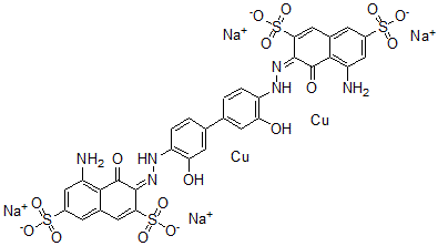 CAS 登录号：28407-37-6， [mu-[[3,3'-[(3,3'-二羟基[1,1'-联苯]-4,4'-二基)二(偶氮)]二[5-氨基-4-羟基萘-2,7-二磺酸基]]]]二铜酸四钠盐