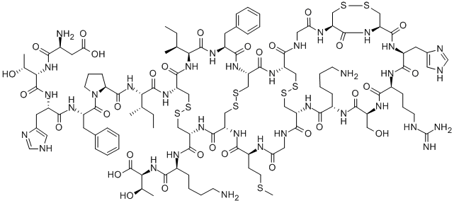 CAS 登录号:342790-21-0, 天冬氨酰-苏氨酰-组氨酰-苯丙氨酰-脯氨酰-异亮氨酰-半胱氨酰-异亮氨酰-苯丙氨酰-半胱氨酰-半胱氨酰-甘氨酰-半胱氨酰-半胱氨酰-组氨酰-精氨酰-丝氨酰-赖氨酰-半胱氨酰-甘氨酰-蛋氨酰-半胱氨酰-半胱氨酰-赖氨酰-苏氨酸