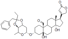 CAS 登录号：35811-18-8， (3R,5S,10S,13R,14S,17R)-3-[[(3aR,6R)-2-乙基-4-甲基-2-(苯基甲基)-4,6,7,7a-四氢-3ah-[1,3]二氧杂环戊并[4,5-d]吡喃-6-基]氧基]-5,14-二羟基-13-甲基-17-(5-氧代-2H-呋喃-3-基)-2,3,4,6,7,8,9,11,12,15,16,17-十二氢-1H-环戊二烯并[a]菲-10-甲醛