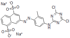 CAS 登录号：3627-05-2， 二钠3-[4-[(4,6-二氯-1,3,5-三嗪-2-基)氨基]-2-甲基苯基]偶氮萘-1,5-二磺酸酯