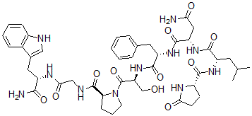 CAS 登录号：37933-92-9， (2S)-N-[(2S)-1-[[(2S)-1-[(2S)-2-[[2-[[(2S)-1-氨基-3-(1H-吲哚-3-基)-1-氧代丙烷-2-基]氨基]-2-氧代乙基]氨基甲酰]吡咯烷-1-基]-3-羟基-1-氧代丙烷-2-基]氨基]-1-氧代-3-苯基丙烷-2-基]-2-[[(2S)-4-甲基-2-[[(2S)-5-氧代吡咯烷-2-羰基]氨基]戊酰]氨基]丁二酰胺