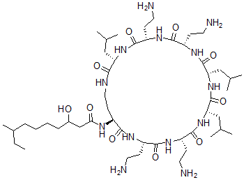 CAS 登录号：39342-08-0， 3-羟基-8-甲基-N-[(3S,6S,9S,12S,15S,18S,21S,24S)-6,9,18,21-四(2-氨基乙基)-3,12,15-三(2-甲基丙基)-2,5,8,11,14,17,20,23-八氧代-1,4,7,10,13,16,19,22-八氮杂环二十六碳-24-基]癸烷酰胺