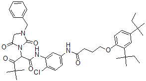 CAS 登录号：55697-63-7， N-(5-((4-(2,4-二(1,1-二甲基丙基)苯氧基)-1-氧代丁基)氨基)-2-氯苯基)-alpha-(2,2-二甲基-1-氧代丙基)-2,5-二氧代-3-(苯基甲基)-1-咪唑烷乙酰胺