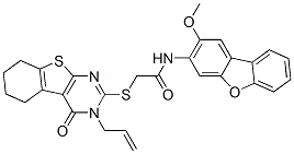 CAS 登录号：577765-14-1， 2-[[3,4,5,6,7,8-六氢-4-氧代-3-(2-烯丙基)[1]苯并噻吩并[2,3-d]嘧啶-2-基]硫代]-N-(2-甲氧基-3-二苯并呋喃基)-乙酰胺