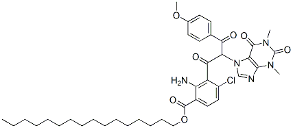 CAS 登录号：61526-69-0， 4-氯-3-[3-(4-甲氧基苯基)-1,3-二氧代-2-(1,2,3,6-四氢-1,3-二甲基-2,6-二氧代-7H-嘌呤-7-基)丙基]邻氨基苯甲酸十六烷基酯