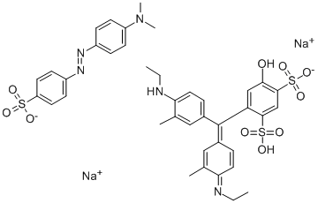 CAS#: 62758-15-0, 4-((4-(Ethylamino)-3-methylphenyl)(4-(ethylimino)-3-methyl-2,5-cyclohexadien-1-ylidene)methyl)-1,3-Benzenedisulfonic acid monosodium salt, compd. with sodium 4-((4-(dimethylamino)phenyl)azo)benzenesulfonate (1:1)