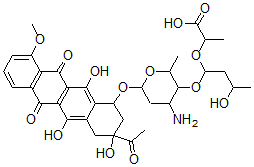 CAS 登录号：64253-72-1， (8S)-8-乙酰基-10alpha-[[3-氨基-4-O-[1-(1-羧基乙氧基)-3-羟基丁基]-2,3,6-三脱氧-alpha-L-来苏-己糖吡喃糖苷]氧基]-7,8,9,10-四氢-6,8,11-三羟基-1-甲氧基-5,12-并四苯醌