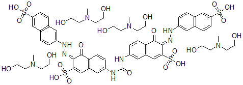 CAS 登录号：72869-93-3， 7,7'-(羰基二亚胺)二[4-羟基-3-[(6-磺基-2-萘基)偶氮]-2-萘磺酸与2,2'-(甲基亚胺)二[乙醇]的化合物