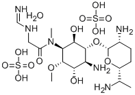 CAS 登录号:73245-91-7, 4-氨基-1,4-二脱氧-3-O-(2,6-二氨基-2,3,4,6,7-五脱氧-beta-L-来苏-吡喃庚糖基)-6-O-甲基-1-(2-(亚氨代甲基氨基)-N -甲基乙酰氨基)-L-手性-肌醇硫酸盐 (1:2) 水合物
