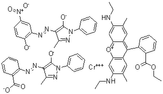 CAS 登录号：73297-20-8， (3E)-9-[2-(乙氧羰基)苯基]-N-乙基-6-(乙基氨基)-2,7-二甲基-3H-氧杂蒽-3-亚氨鎓 3-甲基-4-[(E)-(5-硝基-2-氧代苯基)偶氮]-1-苯基-1H-吡唑-5-醇 2-[(3-甲基-5-氧代-1-苯基-1H-吡唑-4-基)偶氮]苯甲酸铬(3+) 盐 (1:1:1:1)