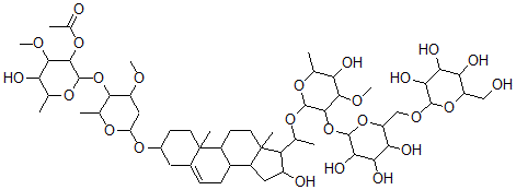 CAS 登录号：73529-43-8， [5-羟基-2-[6-[[16-羟基-17-[1-[5-羟基-4-甲氧基-6-甲基-3-[3,4,5-三羟基-6-[[3,4,5-三羟基-6-(羟基甲基)四氢吡喃-2-基]氧基甲基]四氢吡喃-2-基]氧基四氢吡喃-2-基]氧乙基]-10,13-二甲基-2,3,4,7,8,9,11,12,14,15,16,17-十二氢-1H-环戊并[a]菲-3-基]氧基]-4-甲氧基-2-甲基四氢吡喃-3-基]氧基-4-甲氧基-6-甲基四氢吡喃-3-基]乙酸酯