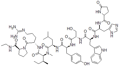 CAS 登录号：76500-08-8， N-[(2S)-1-[[(2S)-1-[[(2S)-1-[[(2S)-1-[[(2R)-1-[[(2S,3S)-1-[[(2S)-5-(二氨基亚甲基氨基)-1-[(2S)-2-(乙基氨基甲酰)吡咯烷-1-基]-1-氧代戊烷-2-基]氨基]-3-甲基-1-氧代戊烷-2-基]-甲基氨基]-4-甲基-1-氧代戊烷-2-基]氨基]-3-(4-羟基苯基)-1-氧代丙烷-2-基]氨基]-3-羟基-1-氧代丙烷-2-基]氨基]-3-(1H-吲哚-3-基)-1-氧代丙烷-2-基]氨基]-3-(3H-咪唑-4-基)-1-氧代丙烷-2-基]-5-氧代吡咯烷-2-甲酰胺