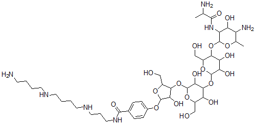 CAS 登录号：78213-54-4， 4-[4-[4-[5-[5-氨基-3-(2-氨基丙酰氨基)-4-羟基-6-甲基四氢吡喃-2-基]氧基-3,4-二羟基-6-(羟基甲基)四氢吡喃-2-基]氧基-3,5-二羟基-6-(羟基甲基)四氢吡喃-2-基]氧基-3-羟基-5-(羟基甲基)四氢呋喃-2-基]氧基-N-[3-[4-(4-氨基丁基氨基)丁基氨基]丙基]苯甲酰胺