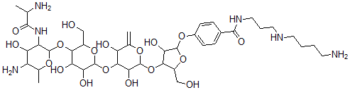 CAS 登录号：78213-55-5， 4-[4-[4-[5-[5-氨基-3-(2-氨基丙酰氨基)-4-羟基-6-甲基四氢吡喃-2-基]氧基-3,4-二羟基-6-(羟基甲基)四氢吡喃-2-基]氧基-3,5-二羟基-6-亚甲基四氢吡喃-2-基]氧基-3-羟基-5-(羟基甲基)四氢呋喃-2-基]氧基-N-[3-(4-氨基丁基氨基)丙基]苯甲酰胺