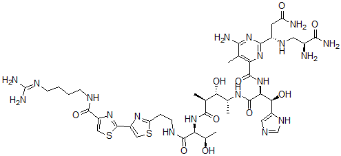 CAS 登录号：78314-57-5， 6-氨基-2-[(1S)-3-氨基-1-[[(2S)-2,3-二氨基-3-氧代丙基]氨基]-3-氧代丙基]-N-[(2S,3R)-1-[[(2R,3S,4S)-5-[[(2S,3R)-1-[2-[4-[4-[4-(二氨基亚甲基氨基)丁基氨基甲酰]-1,3-噻唑-2-基]-1,3-噻唑-2-基]乙基氨基]-3-羟基-1-氧代丁烷-2-基]氨基]-3-羟基-4-甲基-5-氧代戊烷-2-基]氨基]-3-羟基-3-(3H-咪唑-4-基)-1-氧代丙烷-2-基]-5-甲基嘧啶-4-甲酰胺
