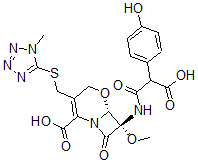 CAS 登录号：79120-38-0， (6R,7R)-7-[[3-羟基-2-(4-羟基苯基)-3-氧代丙酰]氨基]-7-甲氧基-3-[(1-甲基四唑-5-基)巯基甲基]-8-氧代-5-氧杂-1-氮杂双环[4.2.0]辛-2-烯-2-羧酸