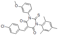 CAS 登录号：79838-91-8， (5E)-5-[(4-氯苯基)亚甲基]-1-(3-甲氧基苯基)-2-硫代-3-(2,4,6-三甲基苯基)-1,3-二嗪农-4,6-二酮