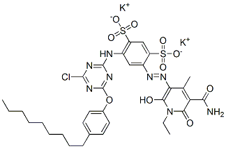 CAS 登录号：84434-49-1， 4-[[5-(氨基羰基)-1-乙基-1,6-二氢-2-羟基-4-甲基-6-氧代-3-吡啶基]偶氮]-6-[[4-氯-6-(4-壬基苯氧基)-1,3,5-三嗪-2-基]氨基]苯-1,3-二磺酸二钾