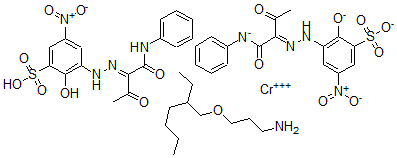 CAS 登录号：84961-85-3， 二[2-羟基-5-硝基-3-[[2-氧代-1-[(苯基氨基)羰基]丙基]偶氮]苯磺酸(3-)]-铬酸(3-)与 3-[(2-乙基己基)氧基]-1-丙胺的化合物