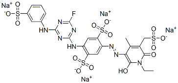 CAS 登录号：85536-80-7， 2-[[1-乙基-1,6-二氢-2-羟基-4-甲基-6-氧代-5-(磺酸基甲基)-3-吡啶基]偶氮]-5-[[4-氟-6-[(3-磺酸基苯基)氨基]-1,3,5-三嗪-2-基]氨基]苯-1,4-二磺酸四钠