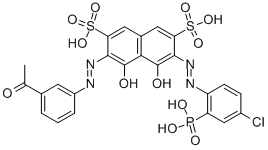 CAS 登录号：86167-87-5， 3-[(3-乙酰基苯基)偶氮]-6-[(4-氯-2-膦酰苯基)偶氮]-4,5-二羟基-2,7-萘二磺酸