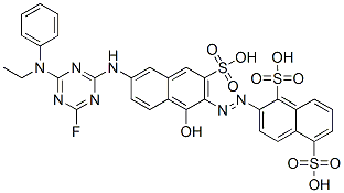 CAS 登录号：93778-51-9， 2-[[6-[[4-(乙基苯基氨基)-6-氟-1,3,5-三嗪-2-基]氨基]-1-羟基-3-磺基-2-萘基]偶氮]萘-1,5-二磺酸