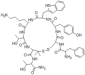 CAS 登录号:96384-03-1, 苯基甘氨酰-环(半胱氨酰-酪氨酰色氨酰-赖氨酰-苏氨酰-青霉胺)苏氨酰胺