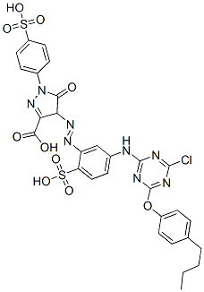 CAS 登录号：97417-01-1， 4-[[5-[[4-(4-丁基苯氧基)-6-氯-1,3,5-三嗪-2-基]氨基]-2-磺基苯基]偶氮]-4,5-二氢-5-氧代-1-(4-磺基苯基)-1H-吡唑-3-羧酸