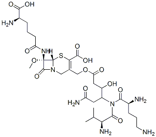 CAS 登录号：99332-96-4， (7S)-7-[[(R)-5-氨基-5-羧基-1-氧代戊基]氨基]-7-甲氧基-3-[[[6-氨基-3-羟基-4-(L-鸟氨酰-L-缬氨酰氨基)-1,6-二氧代己基]氧基]甲基]头孢烷-3-烯-4-羧酸