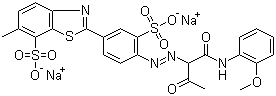 CAS 登录号：10190-68-8, 直接黄 27, 直接耐晒嫩黄 5GL, 2-[4-[[1-[[(2-甲氧基苯基)氨基]甲酰基]-2-氧代丙基]偶氮]-3-磺酸基苯基]-6-甲基苯并噻唑-7-磺酸二钠盐