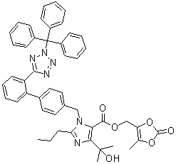 CAS # 1020157-01-0, N2-Tritylolmesartan medoxomil, (5-methyl-2-oxo-1,3-dioxol-4-yl)methyl 5-(2-hydroxypropan-2-yl)-2-propyl-3-[[4-[2-(2-trityltetrazol-5-yl)phenyl]phenyl]methyl]imidazole-4-carboxylate