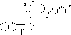 CAS 登录号：1023310-86-2, 4-(6,7-二甲氧基-9H-嘧啶并[4,5-b]吲哚-4-基)-N-[4-[[(4-氟苯基)氨基]磺酰基]苯基]-1-哌嗪硫代甲酰胺